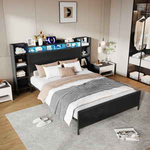 English Elm King Platform Bed with Led Lighting Storage Headboard and Usb Charging Metal Frame W1670S00038