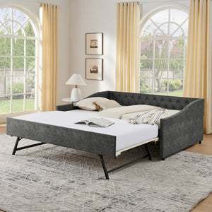 English Elm Full Size Upholstered Daybed with Trundle Usb Ports Tufted Back Wave Arms W1413S00159