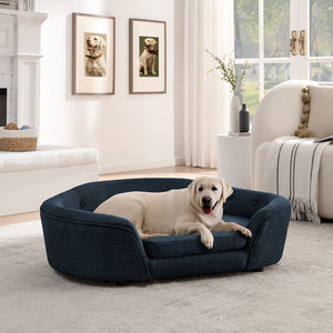 English Elm Oversized Oval Dog Sofa with Tufted Linen Backrest for Large Breed Lounging Comfort Dark Blue W487P415301