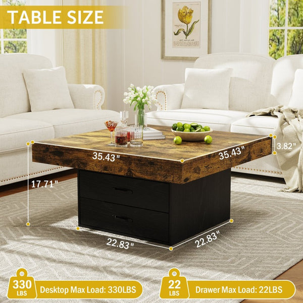 English Elm Coffee Table Square Led Lit Engineered Wood Farmhouse Design with Storage Drawers Black W1550P317687