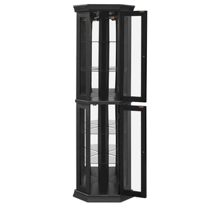 English Elm Lighted Corner Curio Cabinet - Elegant Display With Adjustable Shelves & Ambient Lighting - Black W1758P300129