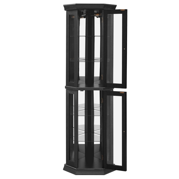 English Elm Lighted Corner Curio Cabinet - Elegant Display With Adjustable Shelves & Ambient Lighting - Black W1758P300129