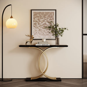 English Elm Accent Console Table Sculptural Black Gold Metal Legs Slim Entryway Hallway Decor W2263P395488