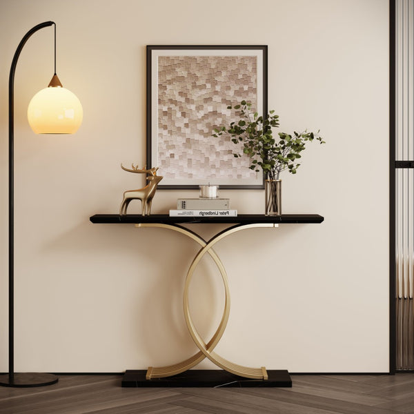 English Elm Accent Console Table Sculptural Black Gold Metal Legs Slim Entryway Hallway Decor W2263P395488