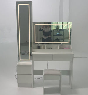 English Elm Full Bedroom Vanity Set with Led Round Mirror Touch Lighting Stool and Cabinet Storage White W3258S00007