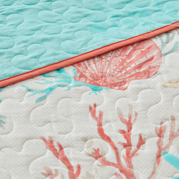 JLA Home Madison Park - 6 Coastal Cotton Sateen Quilt Set with Embroidered Shell & Starfish Pillows for Resort-Style Bedrooms Coral MP13-2710
