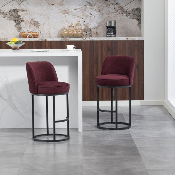 English Elm Counter Height Barstools Set of 2 Linen Upholstered Barrel Seat with Iron Legs Wine Red W395P410434