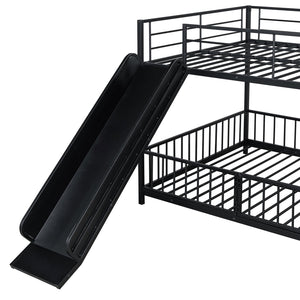 English Elm Full Full over Full Metal Bunk Bed with Slide, Interchangeable Stairs, Gate & Safety Guardrails for Kids Black SF000170AAB
