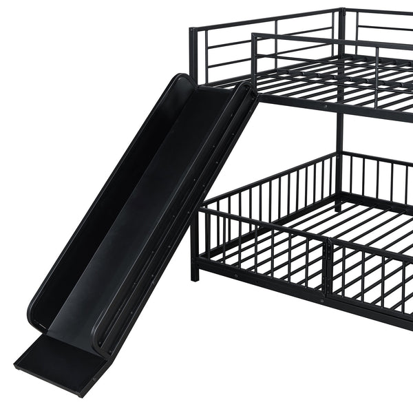 English Elm Full Full over Full Metal Bunk Bed with Slide, Interchangeable Stairs, Gate & Safety Guardrails for Kids Black SF000170AAB