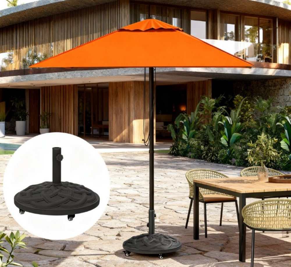 English Elm Resin Concrete Patio Umbrella Base with Locking Wheels Woven Texture Matte Finish T3971P427464