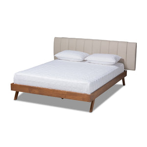 Baxton Studio Baxton Studio Brita Mid-Century Modern Light Beige Upholstered Bed with Walnut Finished Wood Elegance King BBT6808-Light Beige/Walnut-King