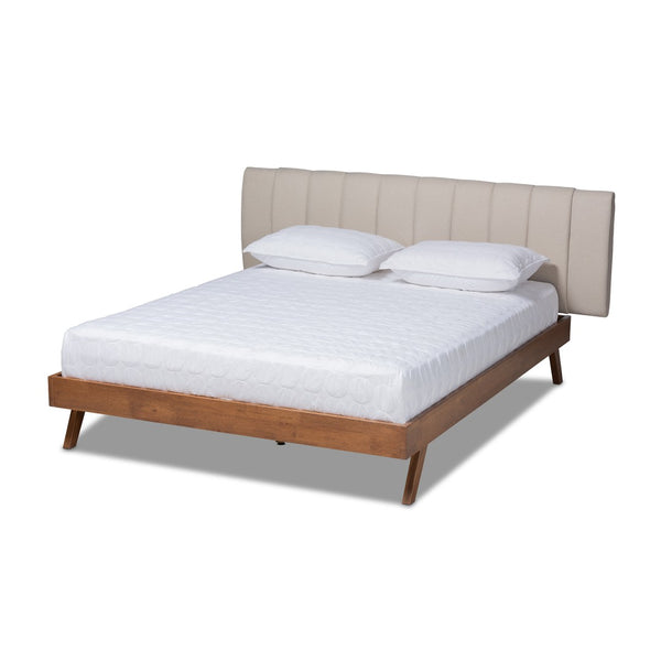 Baxton Studio Baxton Studio Brita Mid-Century Modern Light Beige Upholstered Bed with Walnut Finished Wood Elegance King BBT6808-Light Beige/Walnut-King