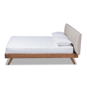 Baxton Studio Baxton Studio Brita Mid-Century Modern Light Beige Upholstered Bed with Walnut Finished Wood Elegance King BBT6808-Light Beige/Walnut-King