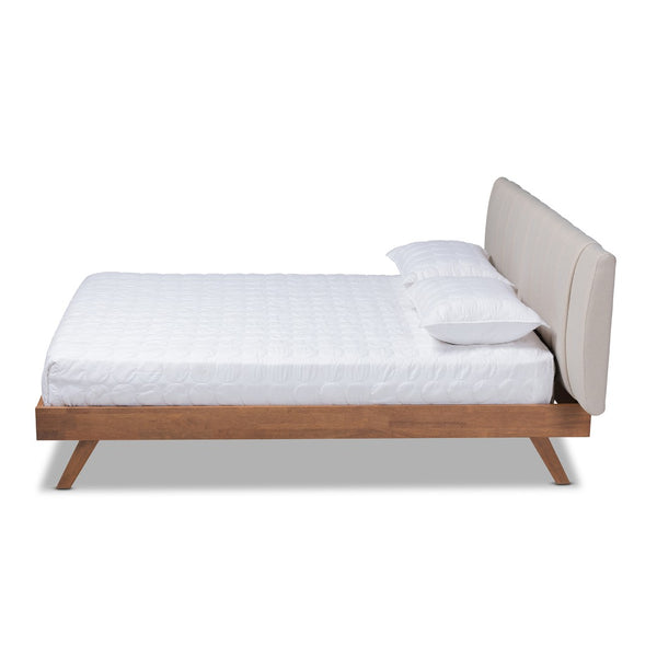 Baxton Studio Baxton Studio Brita Mid-Century Modern Light Beige Upholstered Bed with Walnut Finished Wood Elegance King BBT6808-Light Beige/Walnut-King