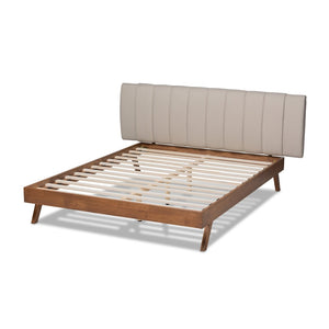 Baxton Studio Baxton Studio Brita Mid-Century Modern Light Beige Upholstered Bed with Walnut Finished Wood Elegance King BBT6808-Light Beige/Walnut-King