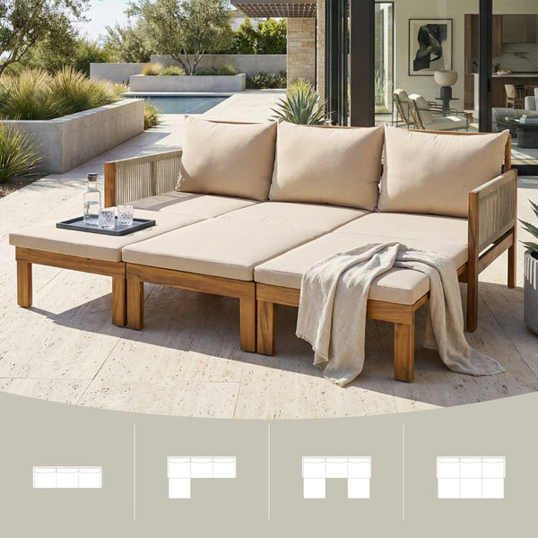 English Elm Outdoor Acacia Wood Dining Set Seats Six with Cushioned Armrest Chairs for Patio Natural Wood+Brown N719Z000220D