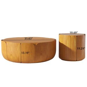 English Elm Round Mgo Drum Coffee Table Set Weatherproof Wood Grain Finish for Patio or Living Room Natural W757S00050