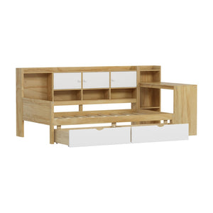 English Elm Wooden L-shape Twin Bed with Study Desk Bookshelf and Nine Storage Cabinets N733S247070M
