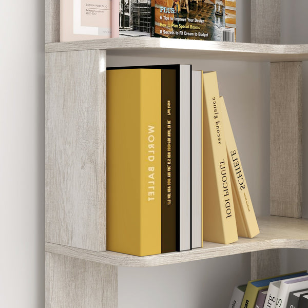 English Elm 6 Tier Freestanding L-Shaped Corner Bookshelf with Anti-Tip, Rounded Corners, 3D Wood Grain Finish Light Gray W2899P372517
