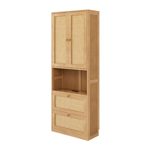 English Elm 2 Door Bookshelf with USB Port and 3 Drawers — Compact Pine-MDF Storage Cabinet for Living Room Natural 80.1 L x 17.65 W x 6.3 H N701P245551W