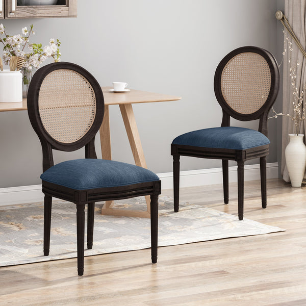 English Elm Christopher Knight Home® - DININGCHAIR Handcrafted Wicker & Fabric Dining Chair Set with Padded Seat, Rubberwood Frame Elegance Navy Blue 65164.00NBLU