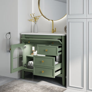 English Elm 35.6" Freestanding Bathroom Vanity with Roman Column Base and Ceramic Integrated Sink Green W1801S00010