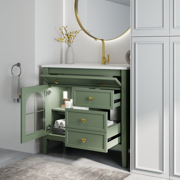 English Elm 35.6" Freestanding Bathroom Vanity with Roman Column Base and Ceramic Integrated Sink Green W1801S00010
