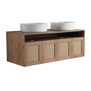 English Elm 48" Imitative Oak Wall Mounted Bathroom Vanity with Ceramic Art Sink, Plywood, 4 Soft-Close Doors, Modern Float Design W999S00399