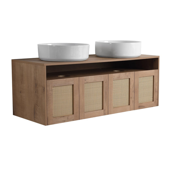 English Elm 48" Imitative Oak Wall Mounted Bathroom Vanity with Ceramic Art Sink, Plywood, 4 Soft-Close Doors, Modern Float Design W999S00399