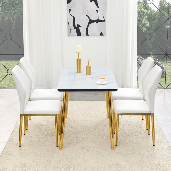 English Elm Table and Chair Set Marble Glass Top Gold Leg Modern Glam Dining Room 5 Piece W1151S04653
