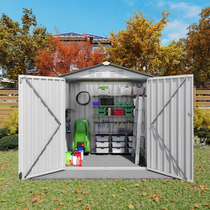 English Elm 6x Galvanized Steel Outdoor Storage Shed with Peaked Roof Skylight and Lockable Door W3213P309060