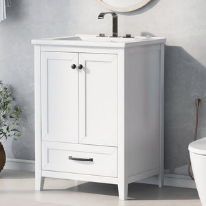 English Elm 24" Bathroom Vanity With Sink, Bathroom Vanity Cabinet With One Drawer and Doors, Solid Wood and Mdf, White