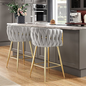 English Elm Counter Height Stools Set of 2 Mid-century Metal Legs Ergonomic Kitchen Island Seating T3623P430900