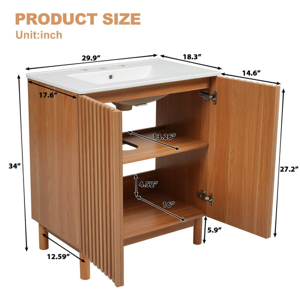 English Elm 29.9-inch Transitional Bathroom Vanity with Ceramic Sink Soft-close Doors Wood Legs N729P339777O