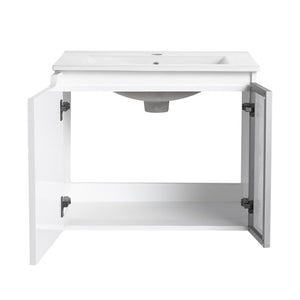 English Elm 24" Floating Bathroom Vanity Glossy White Plywood Cabinet Ceramic Sink Soft Close W999S00523