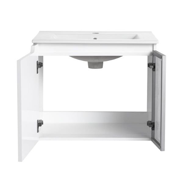 English Elm 24" Floating Bathroom Vanity Glossy White Plywood Cabinet Ceramic Sink Soft Close W999S00523