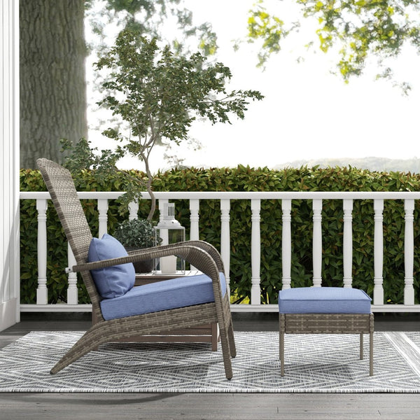 English Elm Outsunny Wicker Adirondack Chair & Ottoman Set – Cozy Outdoor Lounge With Cushions For Deck, Gray W2225P174012-GIGA