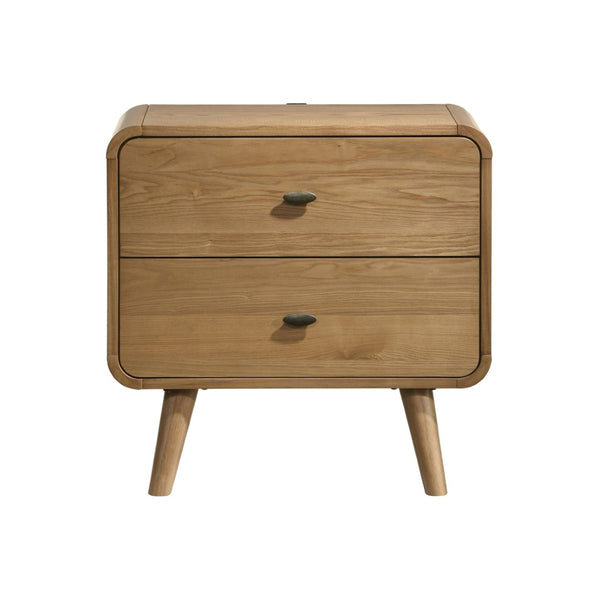 English Elm 2-drawer Nightstand with Built-in Usb Ports Ash Veneer Mid-century Bedroom Storage B016P460579