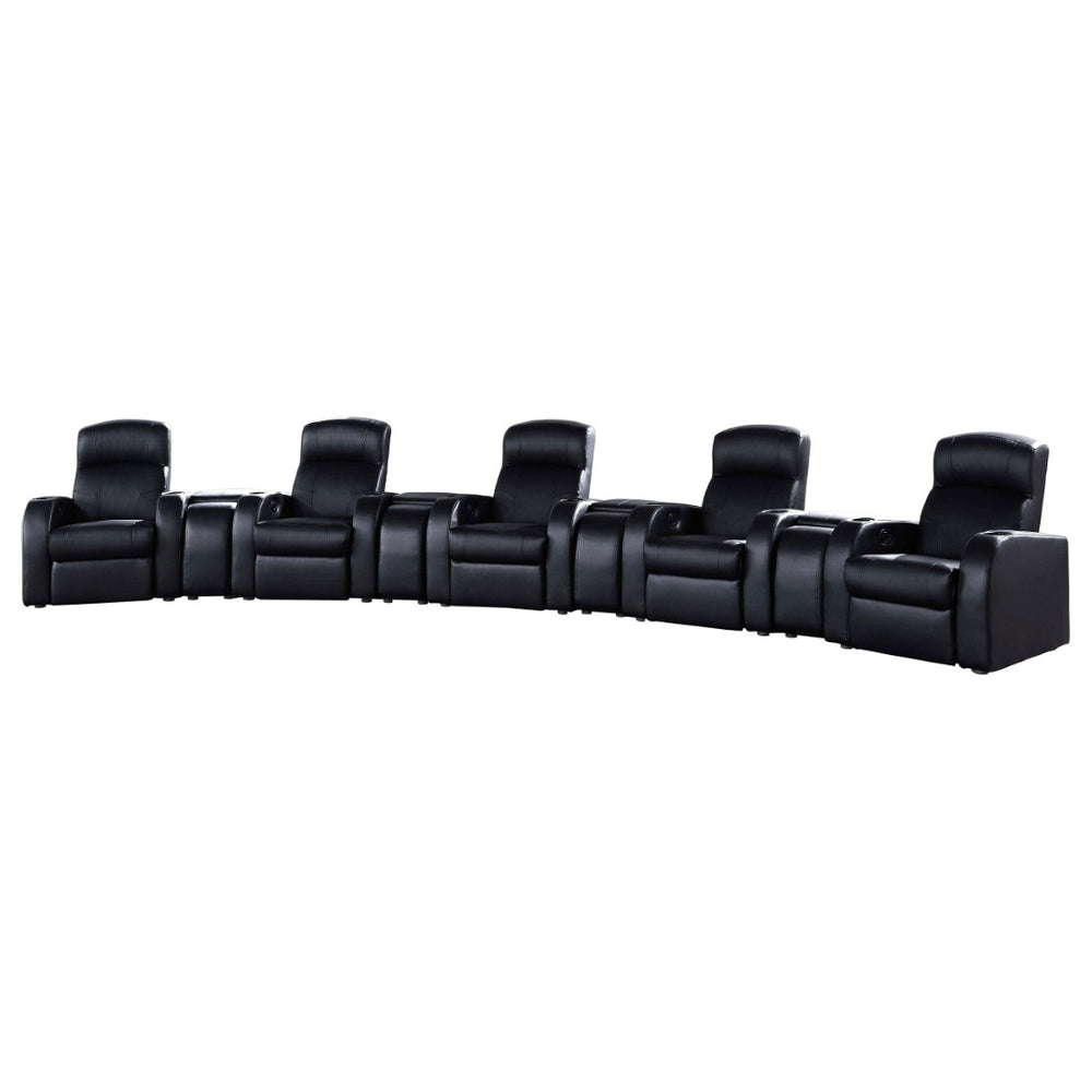 English Elm Black Top-grain Leather Home Theater Seating Row with Pocket Coil Recliners and Consoles B062S01838