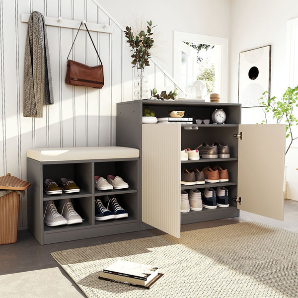 English Elm U_style Entryway Console Set with Wavy Doors Cushioned Bench and Adjustable Shoe Storage N711P345166M