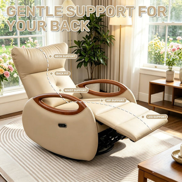 English Elm Power Recliner Chair with 260 Degree Swivel Oak Armrests and Eco Leather Upholstery W3795P499257