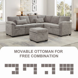 English Elm 97 Inch L-shaped Chenille Sectional Sofa with Sleeper Storage Ottoman 7 Seats Grey W1669S00018