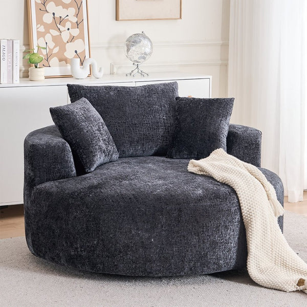English Elm Round Swivel Barrel Chair Plush Chenille Upholstery Cozy Accent Seat for Any Room Black W2915P338890