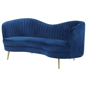 English Elm Marsden Blue Velvet Loveseat with Vertical Channel Tufting, Inverted Camelback Silhouette & Gold Legs B062P357778