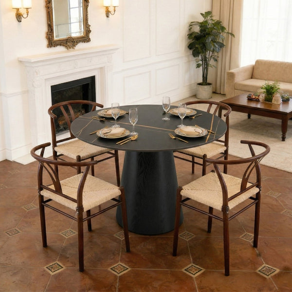 English Elm Table and Chair Set Round Stone Slab Top with Wishbone Iron Seats for Dining W2920S00138