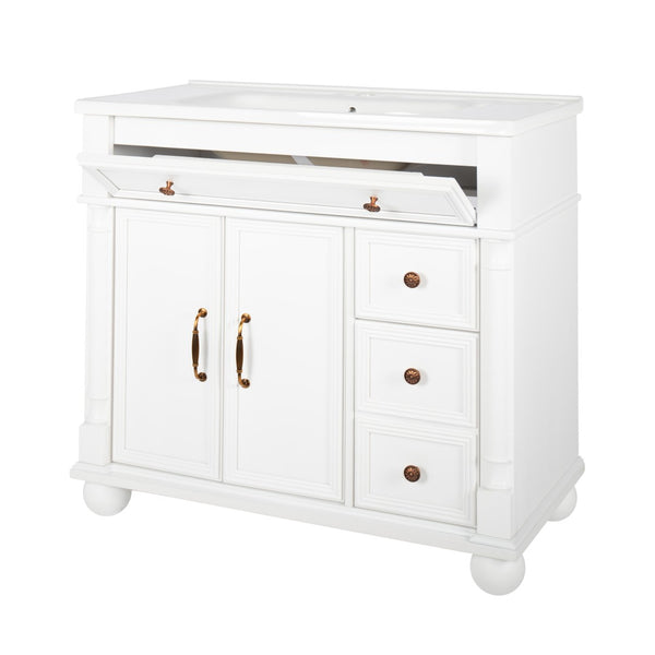 English Elm 35.6" Freestanding Bathroom Vanity with Roman Column Base and Ceramic Integrated Sink W1801S00009