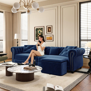 English Elm Chesterfield 3-In-1 Convertible Sofa Bed - Plush Velvet Sleeper With Ottoman & Tufted Design, Blue W1885S00175