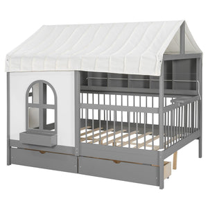 English Elm Full Size Kids House Bed with Led Bookshelf Storage Drawers and Charging Station Gray LP000378AAE