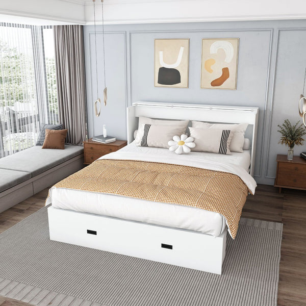 English Elm 57 Inch Murphy Bed Cabinet with Storage Drawers Charging Station and Rolling Casters White W509S00155