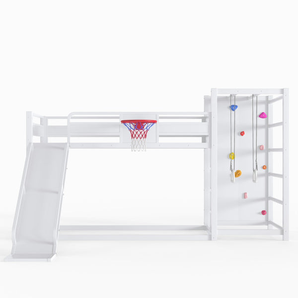 English Elm Twin Metal Loft Bed with Slide Basketball Hoop Climbing Wall and Built-in Shelves White W1580S00633